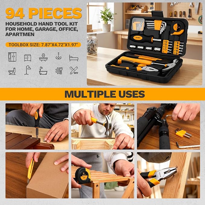 DEKOPRO 94 Piece Tool Set Household DIY Tool Kit for Men with Storage Toolbox, Small Basic Hand Tool Box Set for Home Repair, DIY, Apartment, Office, Orange