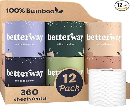 Betterway Bamboo Toilet Paper 3 Ply - Sustainable Toilet Tissue - 12 Long-Lasting Rolls & 360 Sheets Per Roll - Septic Safe - Organic, Plastic & PFAS Free - FSC Certified
