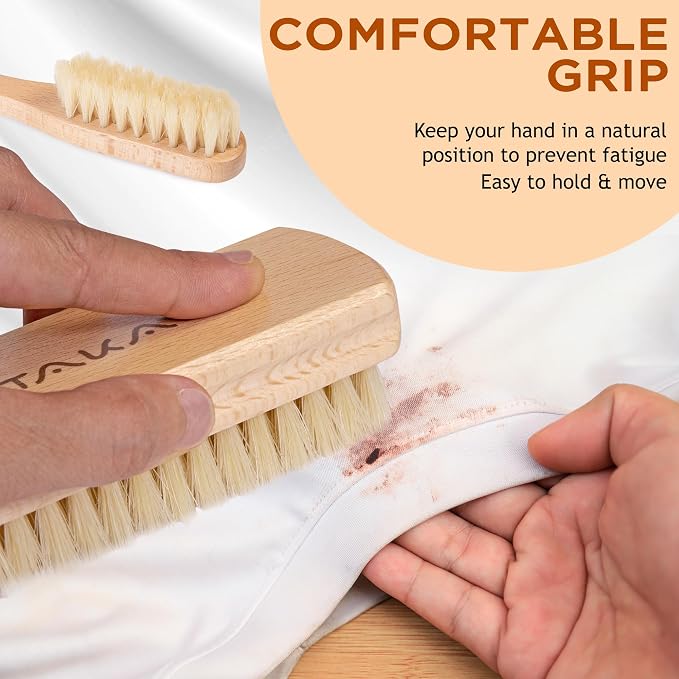 TAKAVU Laundry Brush Set, Soft Boar Bristle and Compact Wood Handle | Gentle on Delicate Fabrics, Stain Scrub Brush for Clothes, Delicate Knits, Washable Spot & Garment Care Cleaner