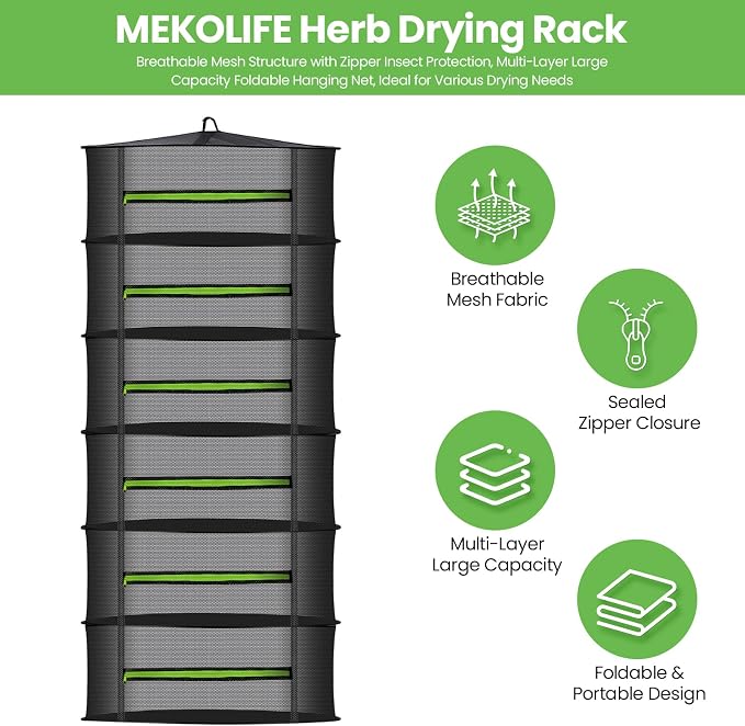 MEKOLIFE 6-Layer Herb Drying Rack with Collapsible Mesh Design | 23.62 Inch Hanging Drying Rack with Zipper and Garden Pruning Shears - Versatile Plant Drying Solution