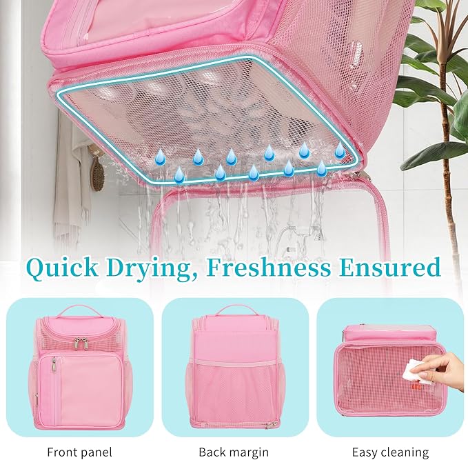 Hanging Shower Caddy Portable - Travel Toiletry Bag for Men & Women, Large Capacity Caddy Dorm Basket, Quick Dry Toiletry Tote Bag with Stain Resistant Bottom for Bathroom, Beach, Camp, Gym - Pink