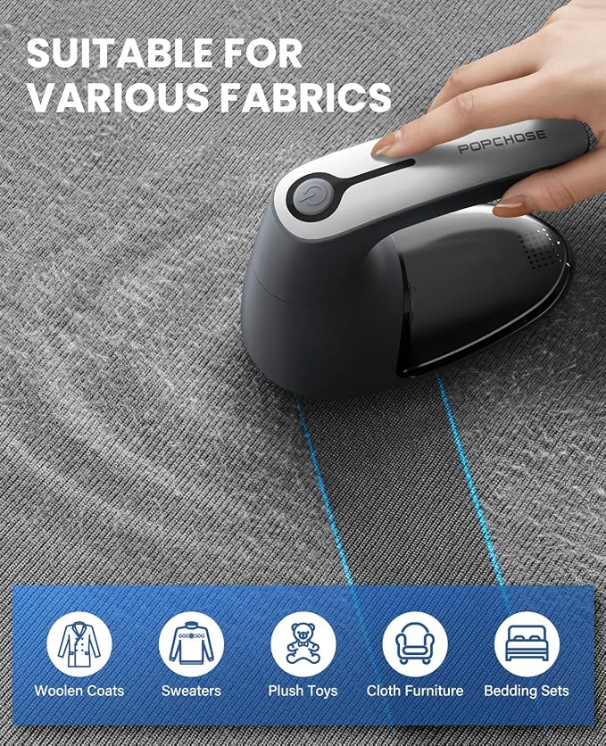 POPCHOSE Fabric Shaver, 6-Leaf Blades & Electrostatic Brush, Rechargeable | Lint Remover for Clothes, Sweater Shavers to Remove Pilling, Electric Lint Remover for Couch, Furniture, Fuzz