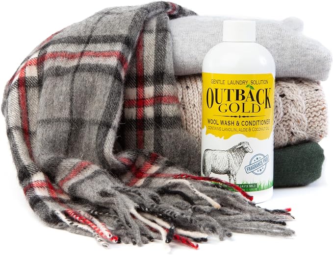 Outback Gold Wool Wash 16 oz, Unscented, pH Neutral, Made in USA | Plant-based, enzyme-free, fragrance-free pH-neutral wash for wool, cashmere, silk, sheepskin & baby items. HE compatible.