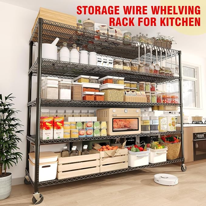 Garvee 3300LBS Storage Shelves 5 Tier Metal Shelving with Wheels, 82" H | 23.6"D,Heavy Duty, Wire Shelving Rack, Adjustable, Shelf Organizers for Garage Kitchen Pantry, Tool-Free Assembly, Black