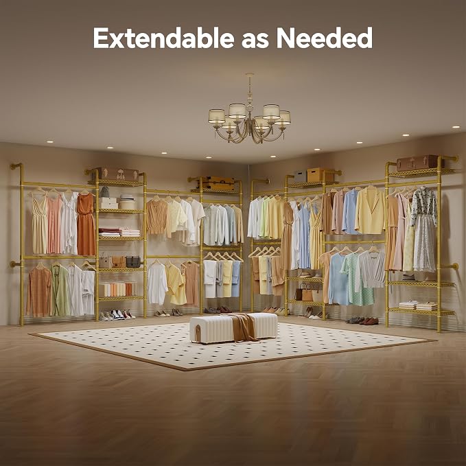 Higeego W4 Wall Mounted Clothes Rack, Industrial Pipe Clothing Rack, Garment Rack with 6 Hanging Clothes Rods Double Expandable Rods & 6 Adjustable Shelves, Heavy Duty Corner Wardrobe Racks, Gold
