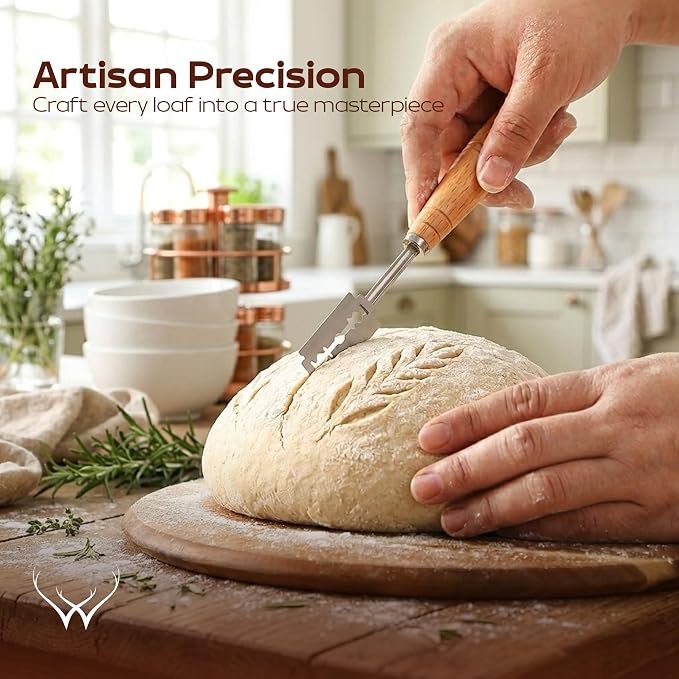 WOODLANDS USA Danish Dough Whisk for sourdough 13 Inch - 304 Stainless Steel Hook with Long Wooden Handle (Dough Whisk + Bread Lame)