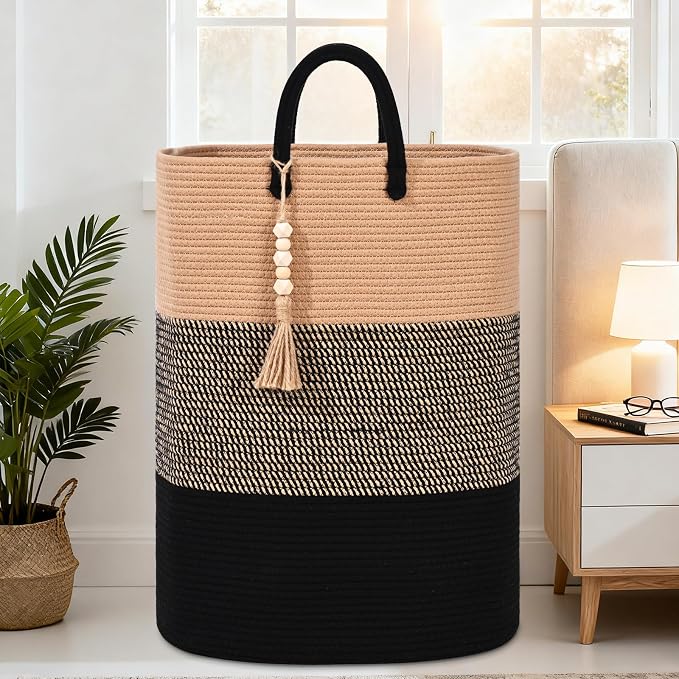 Woven Laundry Basket for Clothes, 65L Large Rectangle Laundry Hampers with Beads Tassel, Nursery Storage Basket for Toys, Tall Dirty Clothes Hamper for Bedroom Aesthetic, Laundry Room Organization