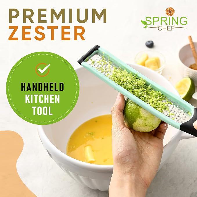 Spring Chef Premium Lemon Zester Grater with Handle - Fruit, Lime, Orange, Nutmeg, Garlic Grater - Heavy Duty Kitchen Tool - Stainless Steel Citrus Zester with Blade Cover - Fine Shred - Mint/Black