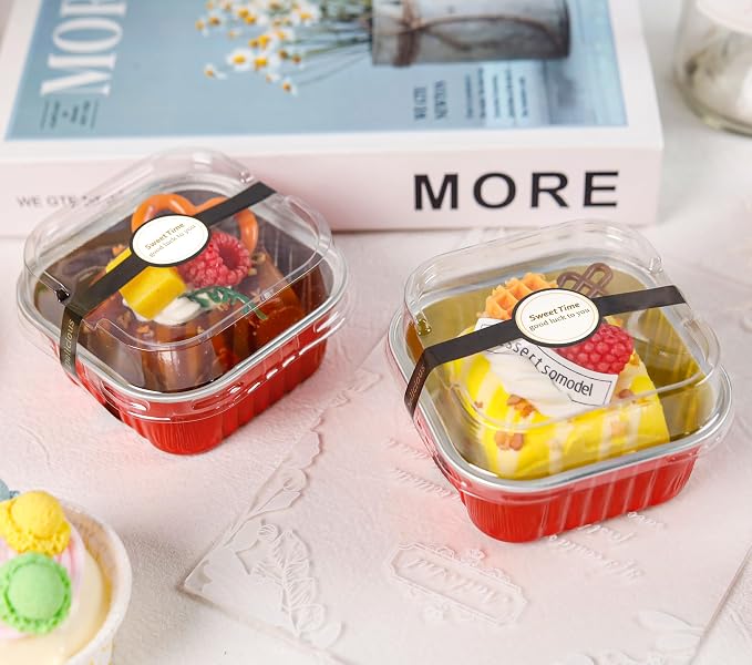 NPLUX 50 Pcs Mini Square Baking Cups with Lids and Spoons Aluminum Foil Mini Cake Pans Disposable Ramekins Dessert Cups for Wedding Birthday Party, Graduation Gifts Party Favors(Red,5oz)