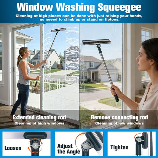 XANGNIER Window Cleaning Kit Tool with Storage Bucket & Extension Pole | Window Washing Kit with Extension Pole,Professional Windows Washer Cleaner Squeegee Kits,Indoor&Outdoor High Windows