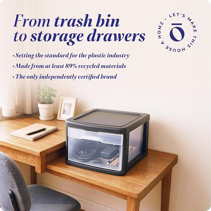 HOMZ 2-Pack 1-Drawer Storage Cart, Clear Plastic Container, 14.25" Wide Medium, Black Frame - Organizing Drawer Containers for Home, Bathroom, Bedroom, Office, and Classroom