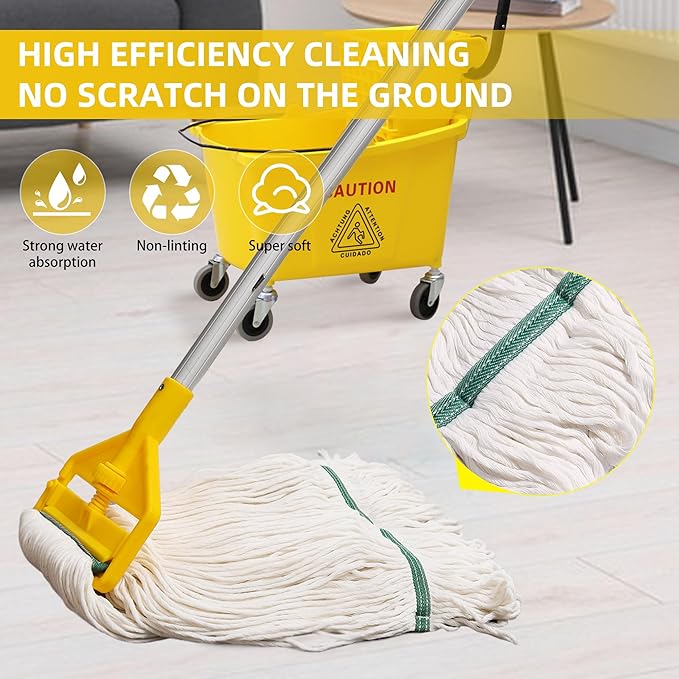 Midoneat Commercial Heavy Duty Industrial Mop with Long Handle,59" Looped-End String Wet Cotton Mops for Floor Cleaning, Including Three mop Head Replacement