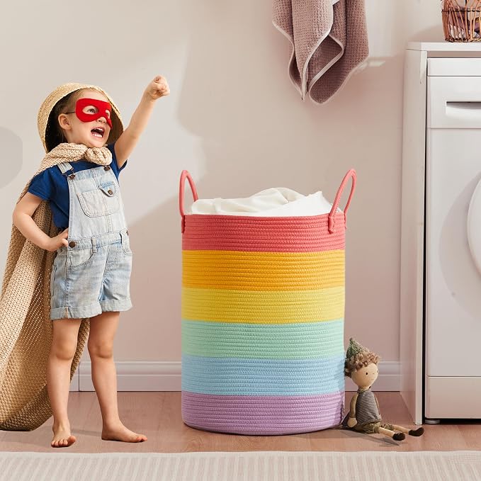 60L Large Rainbow Hamper Tall Woven Rope Laundry Basket for Kids | Nursery Baby Girls Toddler Clothes Blanket Toy Storage Unicorn Hamper in Playroom Bedroom 15"Dx20"H