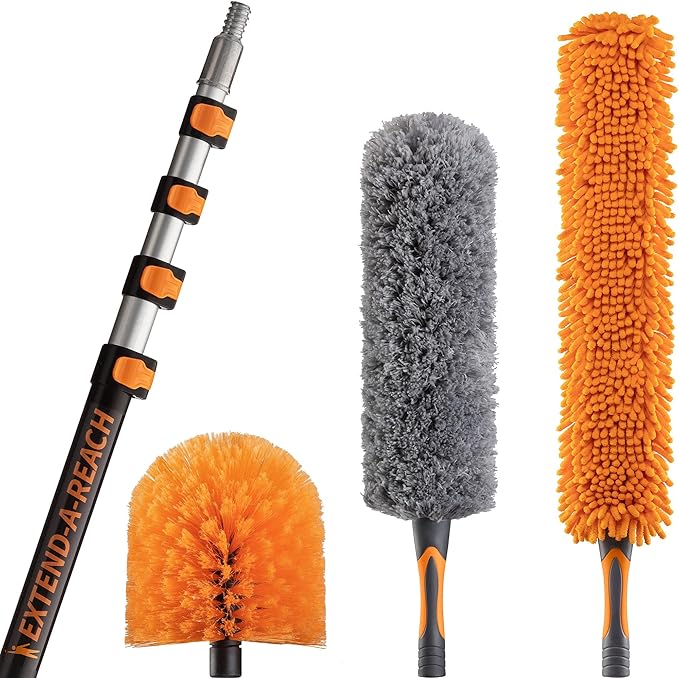 24 Foot High Reach Duster Kit with 5-18 ft Telescopic Extension Pole | High Ceiling Duster Cleaning Kit with Telescoping Pole, Cobweb Duster, Feather Duster and Ceiling Fan Duster