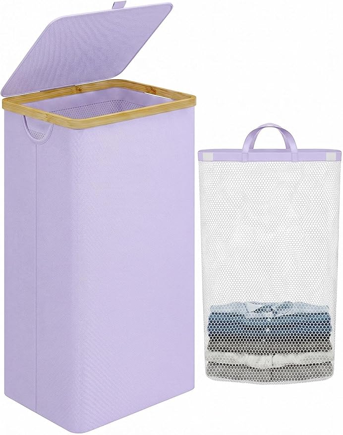 IEGrow Laundry Hamper with Lid,110L Laundry Basket with Mesh Bag,Purple | Dirty Clothes Hamper Basket with Bamboo Handle for Clothes Towels Organization