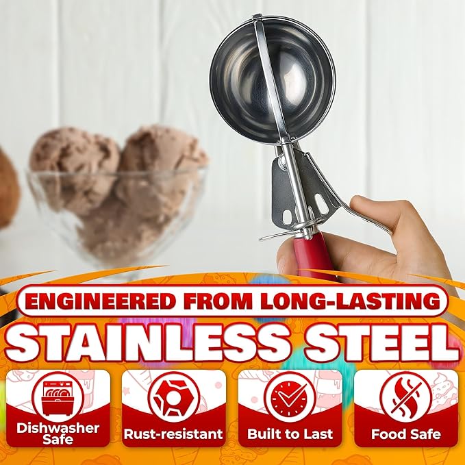 1.33oz Ice Cream Scoop with Trigger #24 - Stainless Steel Ice Cream Scooper for Gelato, Cookie Dough, Meatballs - Easy Portion Control, Comfortable Non-Slip Handle, Dishwasher Safe, Rust Resistant