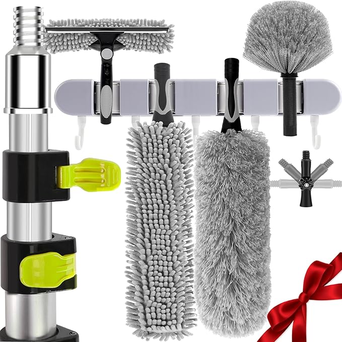 【Upgrade Anti Rotation 】 30FT High Reach Duster Kit,(18FT+6FT) Lightweight Aluminum Alloy Extension Rod,7-Piece Set,210° Steering Head Clean Various Angle,for Cleaning Ceiling,High Wall