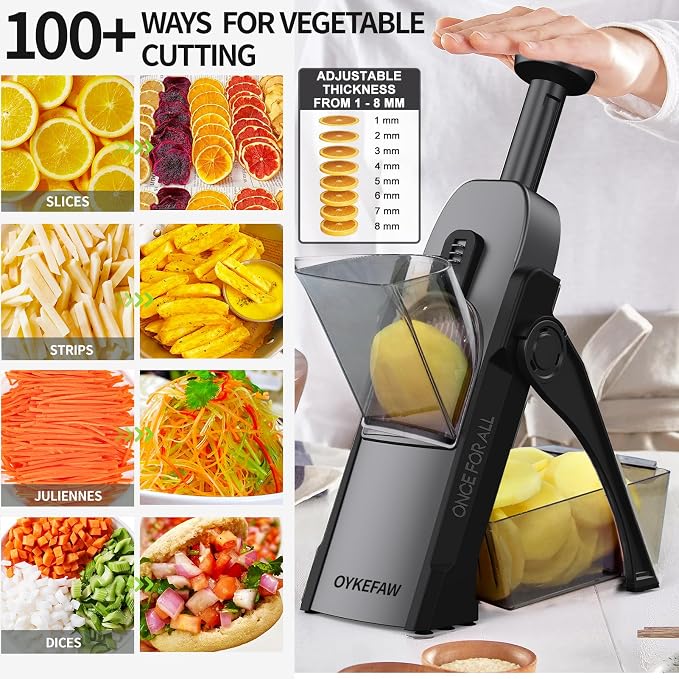 Safe Mandoline Slicer for Kitchen, 5 in 1 Vegetable Chopper, French Fry Cutter For Potatoes, Potato Slicer,Food Chopper,Adjustable Thickness 0.1-8 mm, With Peeler/Cleaning Brush（(BlackKnight)
