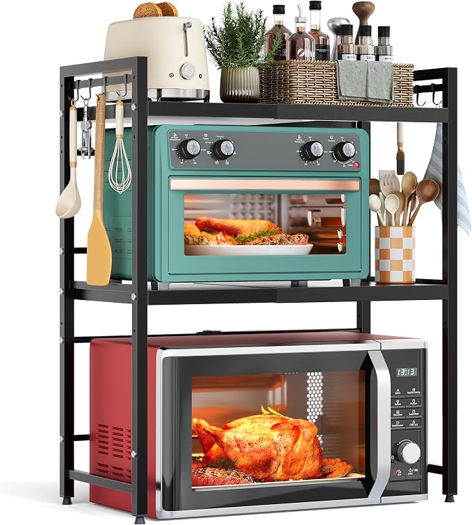 NETEL 3 Tier Expandable Microwave Stand countertop,Microwave Oven Rack | microwave shelf, storage shelves for pans &appliances,Adjustable partition height，8 Hooks,110lbs max load,Black