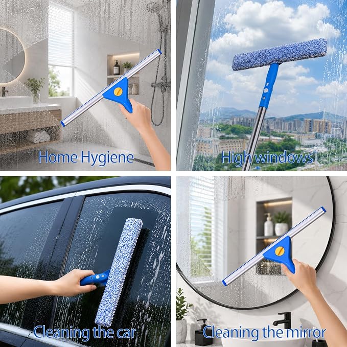 82'' Professional Squeegee Window Cleaner Tool with Extension Pole, Car Windshield Cleaning Kit with Long Handle, Window Washing Equipment for Indoor Outdoor Windows & Car Glass