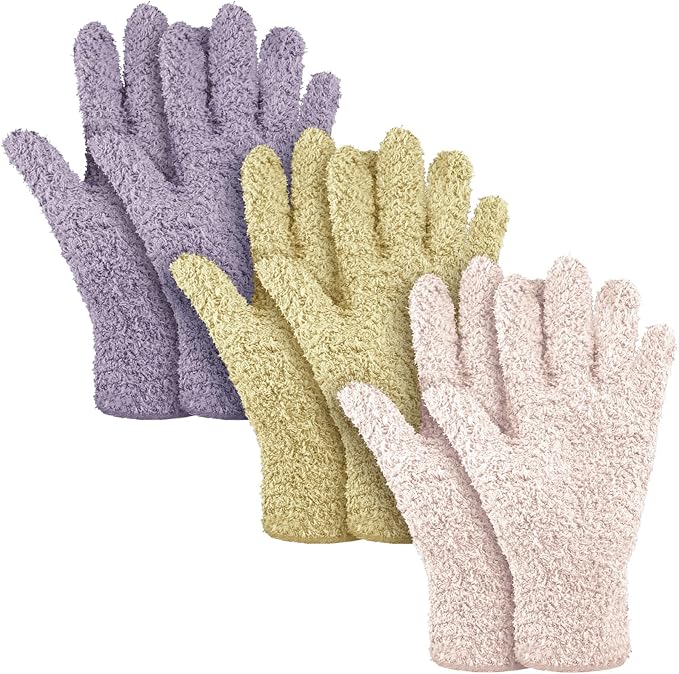 Patelai 3 Pairs Microfiber Plant Dusting Gloves Leaf Cleaning Gloves for Indoor Plants, Blinds, Furniture, House (Pink,Nude,Light Purple,Large)