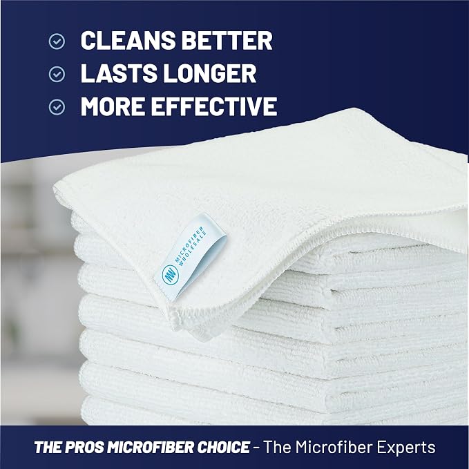 MW Pro Microfiber Cleaning Cloth | White (12 Pack) | Size 16" x 16" | All Purpose Microfiber Towels - Clean, Dust, Polish, Scrub, Absorbent