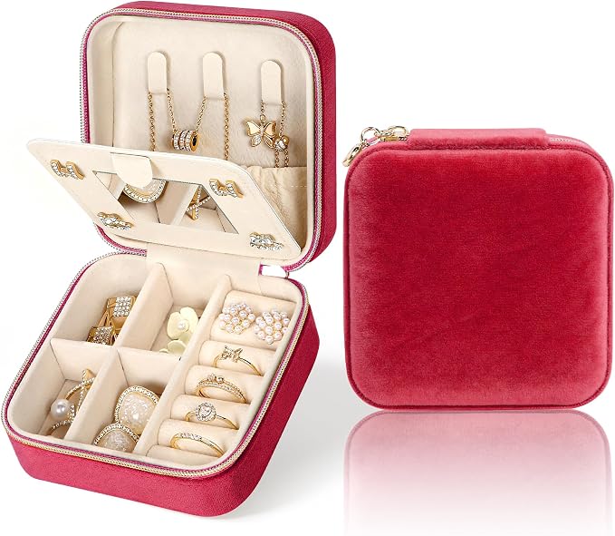 MFXIP Plush Velvet Travel Jewelry Case Small Jewelry Box Jewelry Organizer Storage Case Portable Jewelry Travel Case for Girls Womens Earring, Necklace, Rings,Bracelets with Mirror