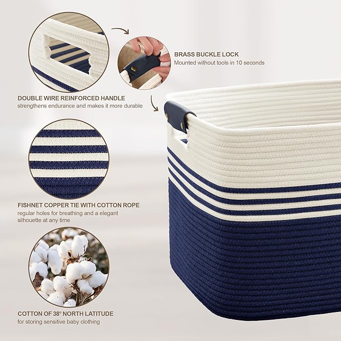 100L Large Woven Laundry Basket Hamper with Leather Handles,Navy | collapsible wicker hamper, storage for dirty clothes, toys, blankets, gifts, living room, bedroom, bathroom, 24"x16"x16"