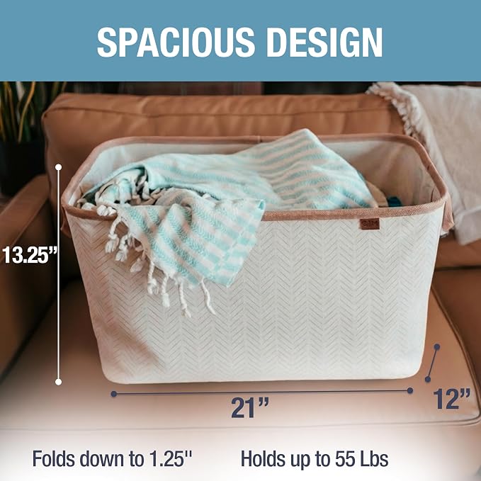 CleverMade LUXE Collapsible Laundry Basket, 60L, 2 Pack, Cream | Cotton-blend fabric and vegan leather accents elevate visible storage. Each basket supports 55 lb and folds flat.