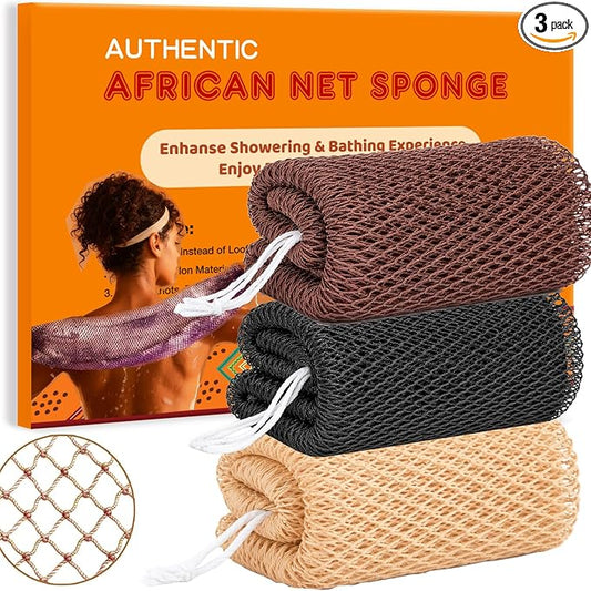 African Net Sponge Authentic Exfoliating Washcloth Body Back Scrubber 3 Pcs | 46 Inch Shower Loofah Exfoliating Bath Sponge for Women and Men Daily Use Body Care Travel Portable Accessories Spa Gifts