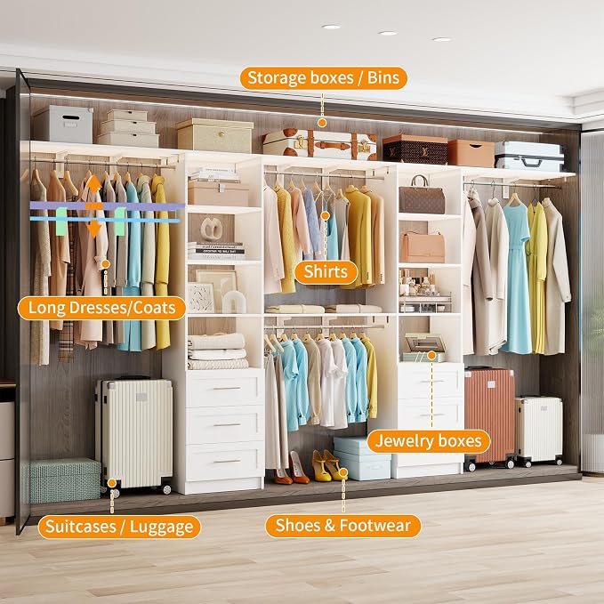 Closet System with 6 Drawers, 6FT-12FT Closet Organizer System with Cuttable Shelves Walk in Wooden Closet Storage System with 6 Hanging Rods Modular Closet, 2 Sets White