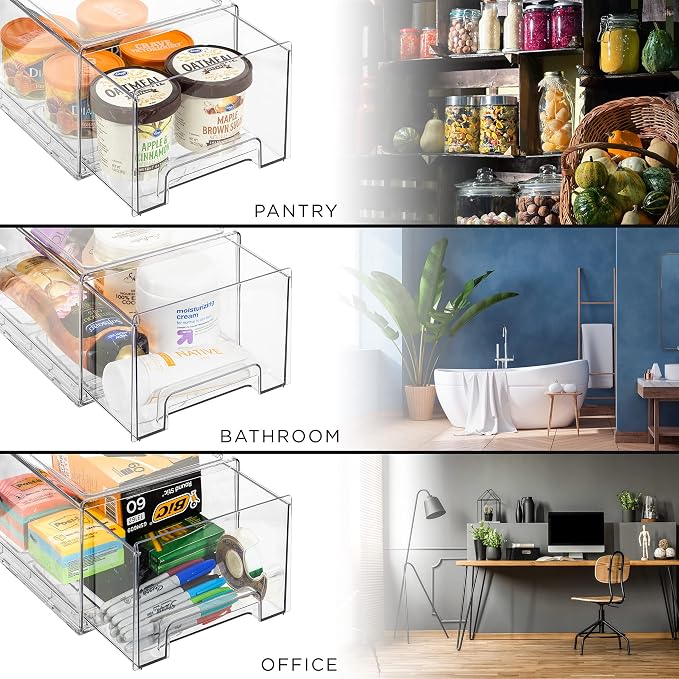 Sorbus Large Clear Storage Drawers (2 Pack) – Stackable Pull-Out Storage Bins with Handles, Slide Out Organizer Drawers for Pantry, Fridge, Kitchen – Stackable Acrylic Storage Bins