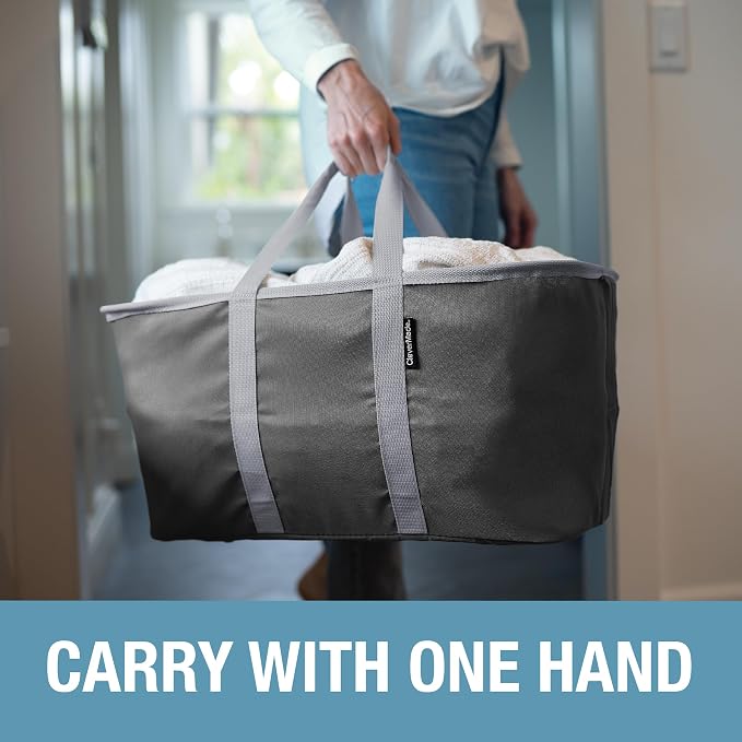 CleverMade Collapsible Laundry Tote, 50L, 2 Pack, Charcoal | Long center handles balance one-hand carrying. A steel rim supports 55 lb, then folds to 1.25 inches for compact storage.