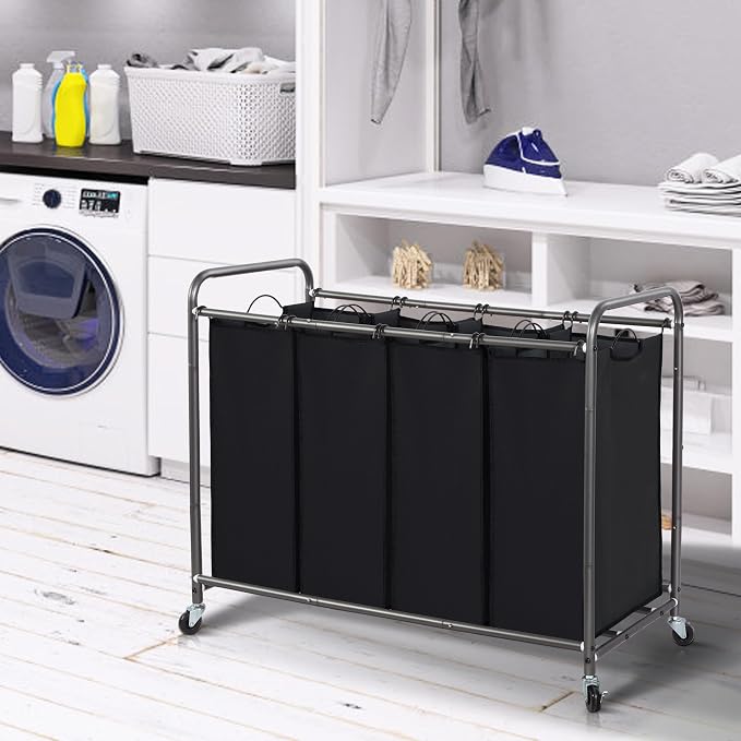 STORAGE MANIAC Laundry Sorter 4 Section, 47.5 Gal (180 L) Laundry Hamper with Wheels, Clothes Divider Basket Sorter, Separator Hamper Cart with Removable Bags, Black