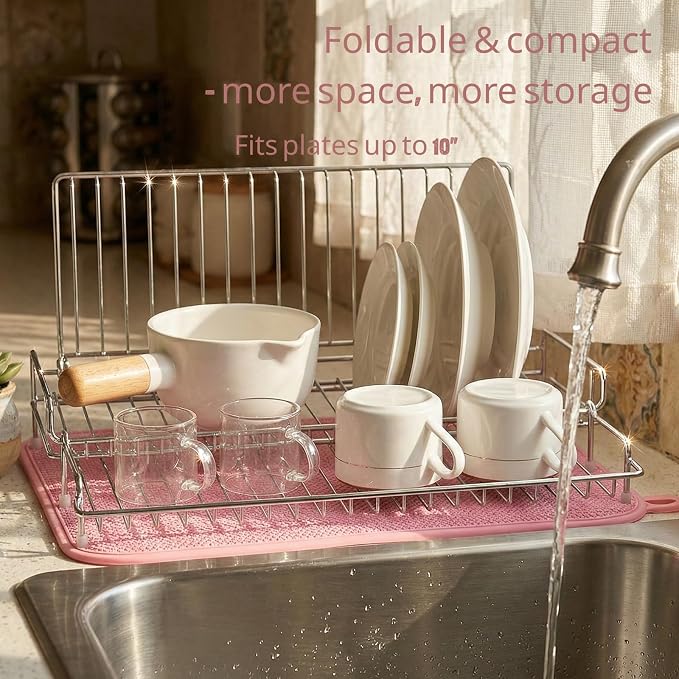 Collapsible Dish Drying Rack, Stainless Steel Dish Rack for Small Kitchens | JM.JEEMI Foldable Dishes Drainer with Pink Drying Mat, 15.8"x12.7" Space Saving Countertop Organizer for Dorm & Apartment