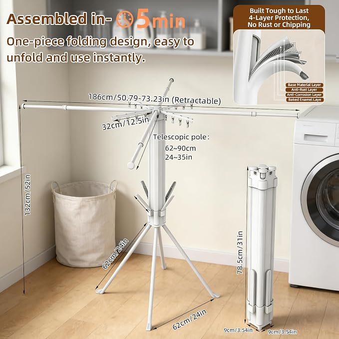 Clothes Drying Rack Foldable, 4-Leg Base, 16 Clips, 4 Shoe Holders | Holds Up To 88 lbs, Rust-Resistant, Quick Fold, Fits 90°/180°/270° Corners, Independently Extendable Rods