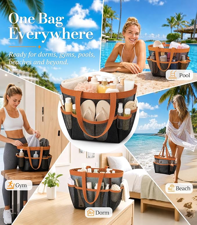 Mesh Shower Caddy Portable for College Dorm Room Essentials for girls, Large 9-Pocket Shower Basket, Quick-Draining Mesh Shower Tote Bag for Gym, Pool, Beach & Travel
