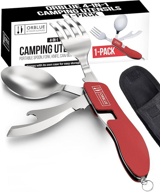 Orblue 4-in-1 Camping Utensils, 1-Pack, Portable Stainless Steel Spoon, Fork, Knife & Bottle Opener Combo Set - Travel, Backpacking Cutlery Multitool, Red