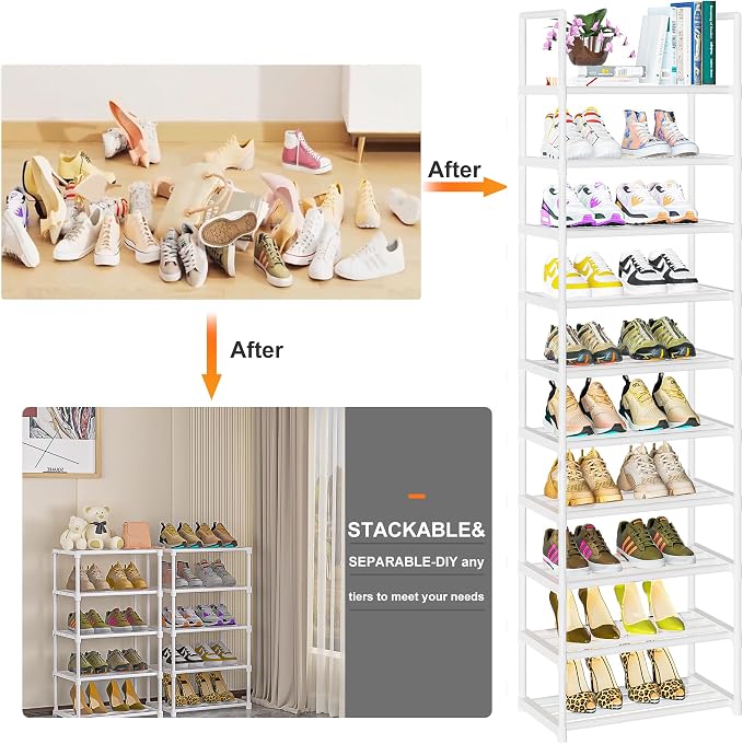 OYREL Shoe Rack, Sturdy Metal Space Saving Stackable Shoes Organizer | Closet, Entryway, Garage, Door Entrance, 10-Tier Narrow Shoe Shelf, Free Standing Shoes Holder, White
