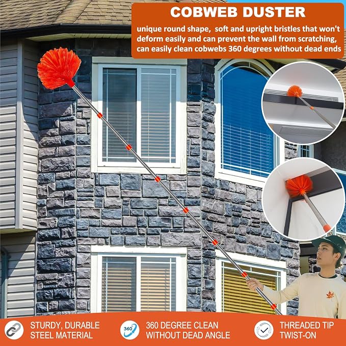 20+ Feet High Reach Dusting Kit, Cobweb Duster & Ceiling Fan Duster with 3-14 ft Extension Pole for Cleaning, Microfiber Feather Duster Cleaner for Cleaning Walls Bookshelves Furniture Door Window