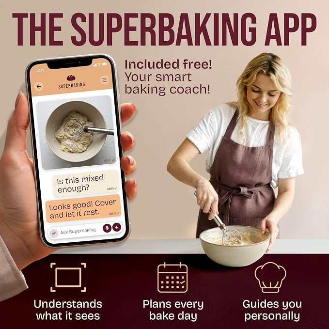 Superbaking Danish Dough Whisk - 12" Bread Whisk for Dough Mixing - Single Eye Design Sourdough Whisk - Sourdough Bread Baking Supplies - Bread Making Tools and Accessories - Ergonomic Stainless Steel