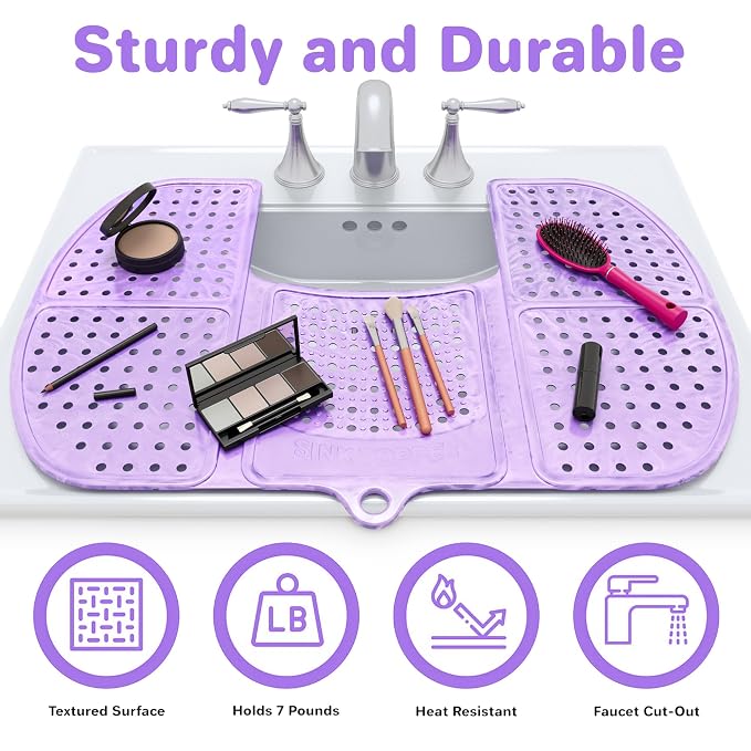 Sink Topper Bathroom Sink Cover for Counter Space, Large Lavender | Holds up to 7 lb on a steel frame; fits over basins 19-23 in; 480°F silicone; foldable makeup mat; countertop extender