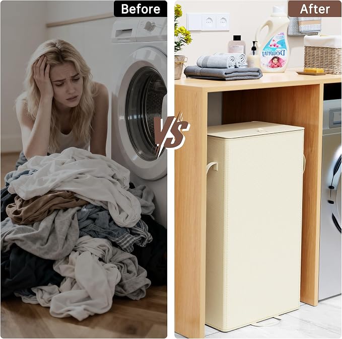 Criusia Laundry Hamper with Lid and Foot Pedal, 100L Fabric Laundry Basket with Removable Mesh Bag, Slim Foldable Design for Bathroom and Laundry Room (Beige)