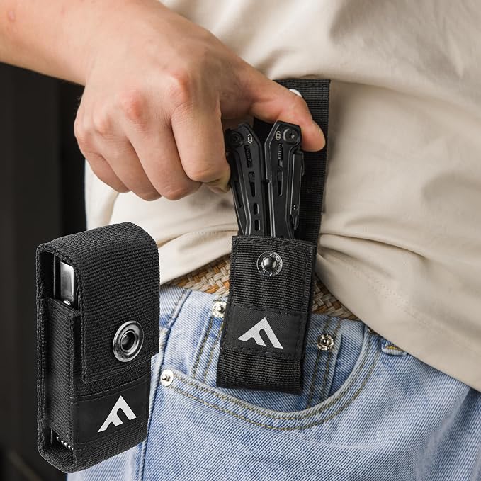 FLISSA 16-In-1 Multi Tool, EDC Multitool, Black | Gift for Men, Stainless Steel, Pocket Knife, Pliers, Belt Clip, Oxford Sheath, Safety Locking, For Camping, Outdoor
