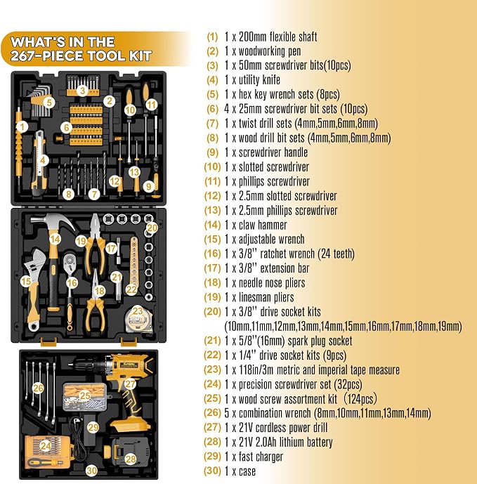 Sundpey 267 Pcs Tool Kit Set for Home with 21V Cordless Drill & Drawer Case | Portable Complete Tool Box, with 2 Batteries & Charger & Mechanic Set,for Men Women,for Household House Garage Apartment Dorm