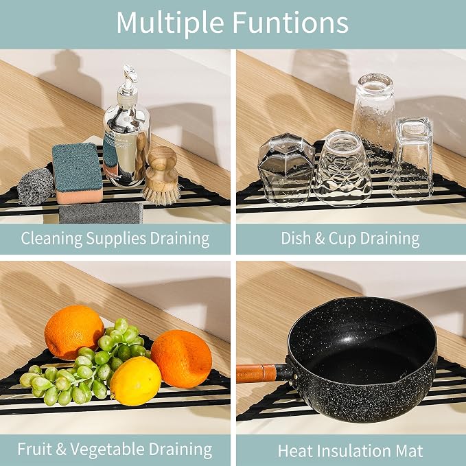 Triangle Roll Up Dish Drying Rack for Sink Corner, Foldable Silicone Coated Stainless Steel Over Sink Rack, Space Saving Heat Resistant Anti-Slip Anti-Rust Drainer Mat for Dish Fruit (Black)