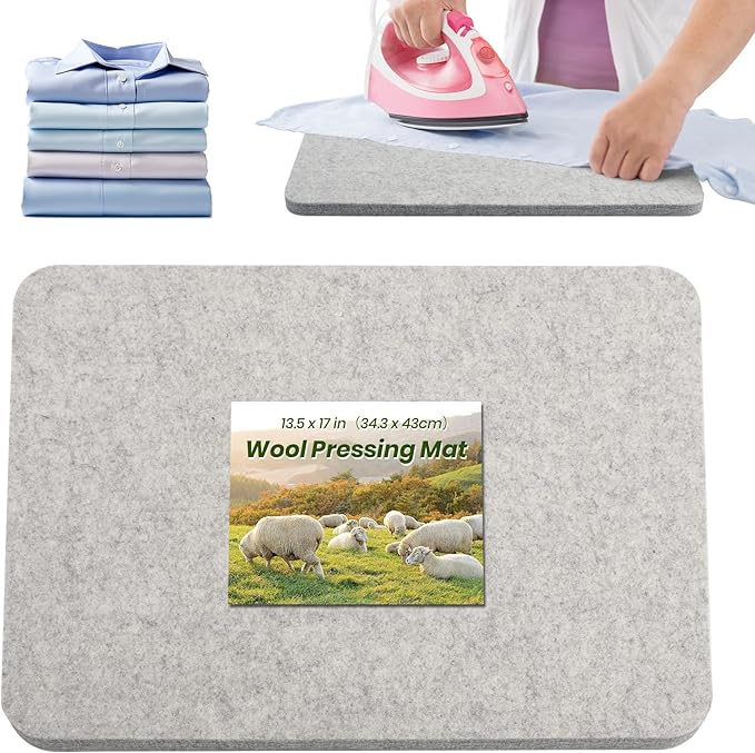 BREENHILL Wool Pressing Mat 13.5"x 17" – Portable Felt Ironing Mat for Quilting & Sewing, 1/2" Thick Heat Reflective Wool Pad（Light Gray）