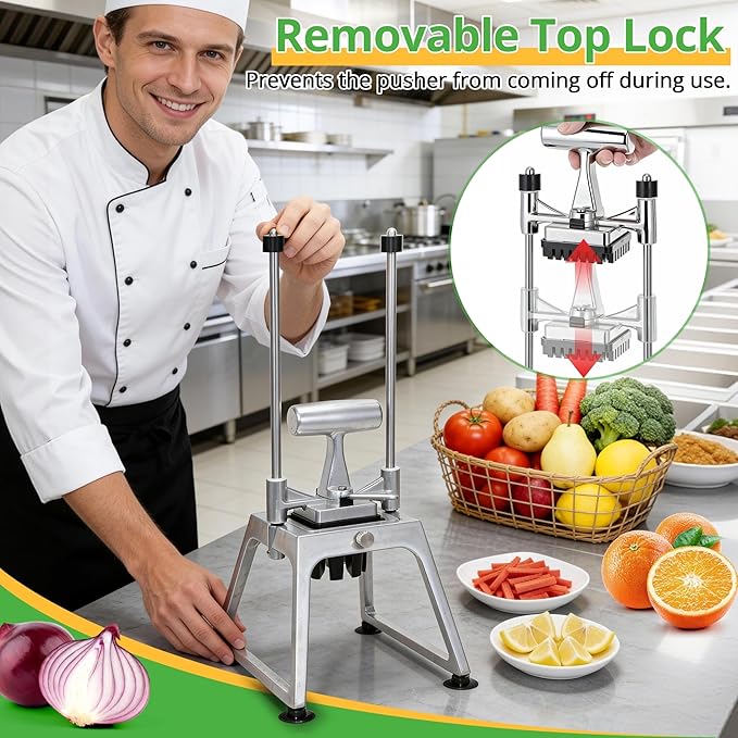 Commercial Vegetable Chopper & Fry Cutter, 3-Blade Manual Dicer | 1/4", 3/8" & 8-wedge blades, stainless steel cutters, aluminum alloy frame, suction base, detachable parts for easy cleaning