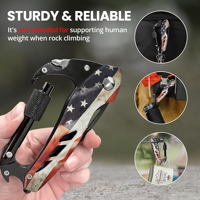 FUNBRO Multitool Carabiner Knife Tools for Men, Bottle Opener | Cool Gadgets Gear with Folding Knives, Window Breaker and Screwdriver for Hiking Camping, 7-in-1 Edc Multi Tool (usa Flag)