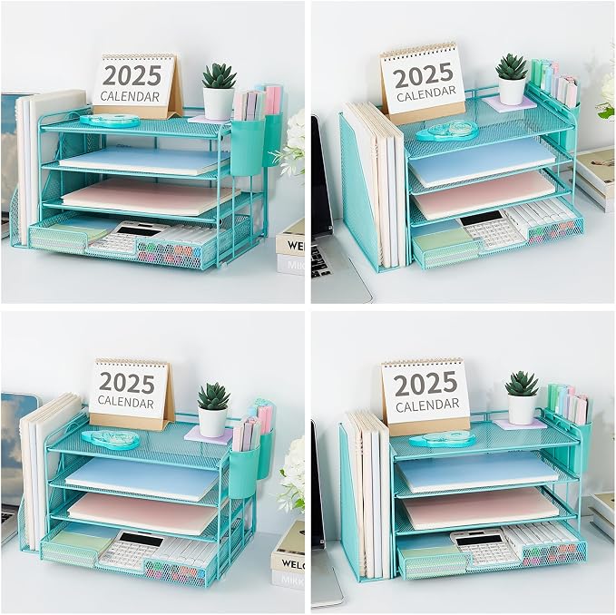 OPNICE Desk Organizer, 4-Tier Desktop File Organizer with Drawer and Pen Holders, Office Desk Accessories, File Sorters, Workspace Organizers for Office Supplies(Teal Blue)